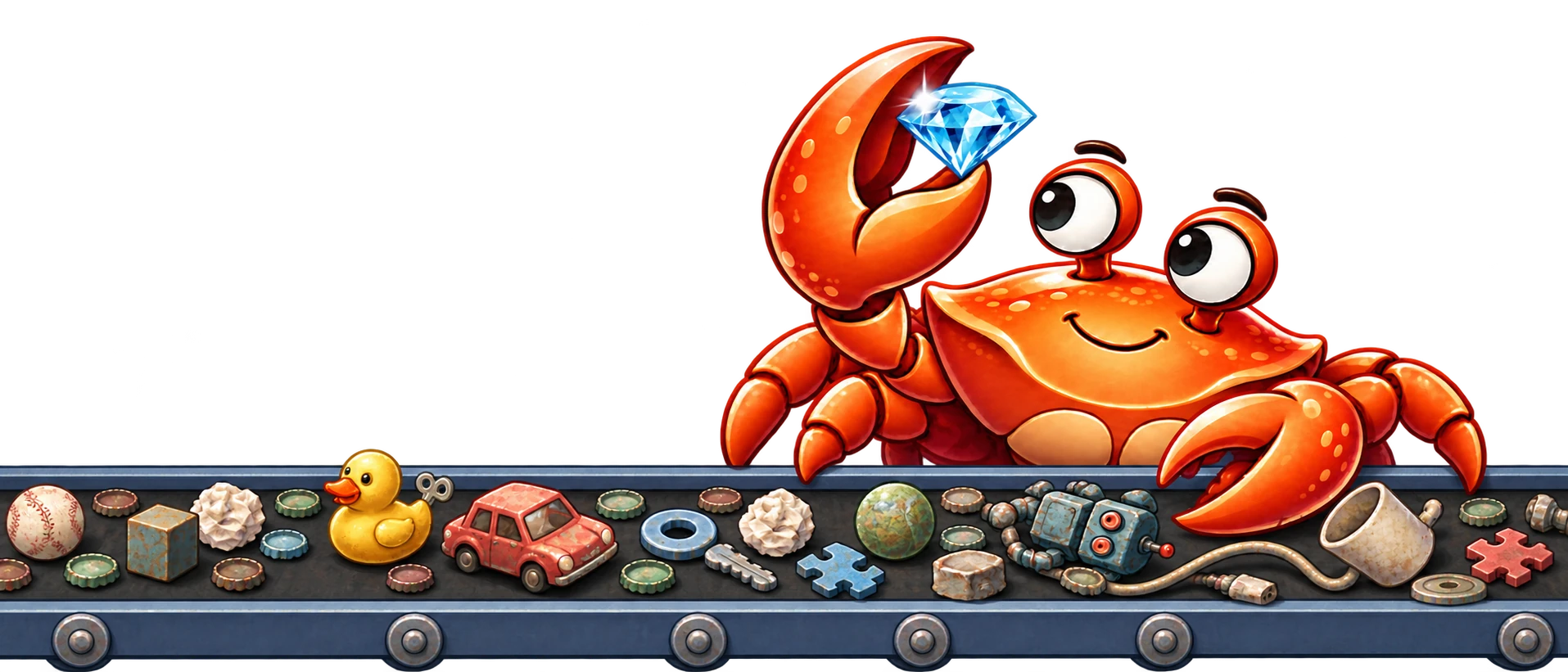 Krabli finds a bright blue diamond among the little objects on a conveyor.